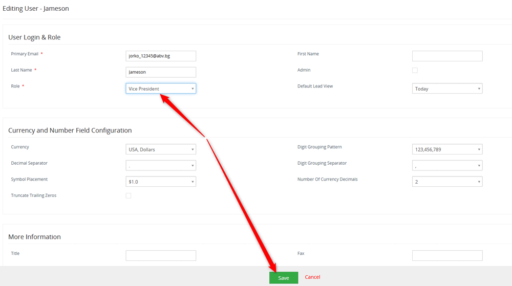 Click the save button, so Vtiger applies and saves your changes