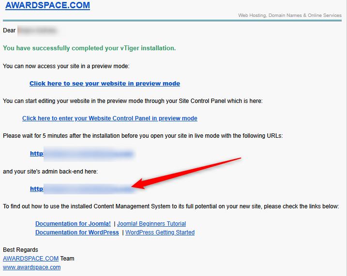 Vtiger installation confirmation email