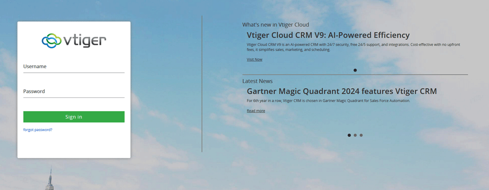 Vtiger login page