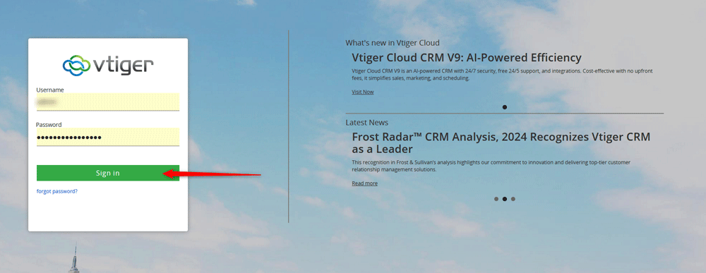 Type Vtiger login credentials to open the dashboard