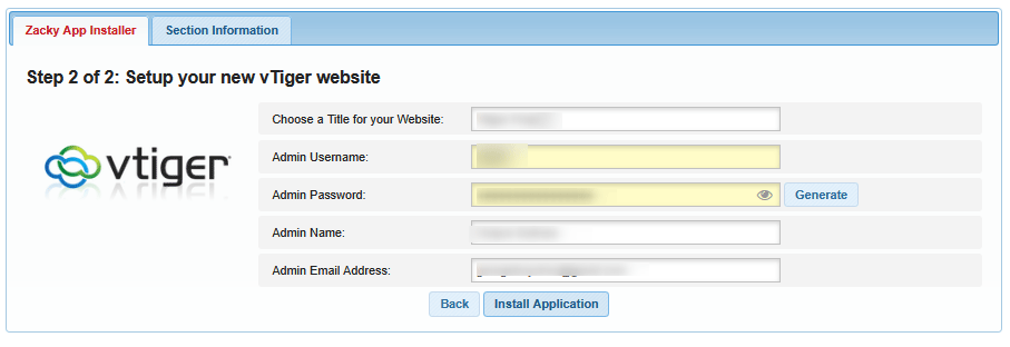 Select credentials for your Vtiger project