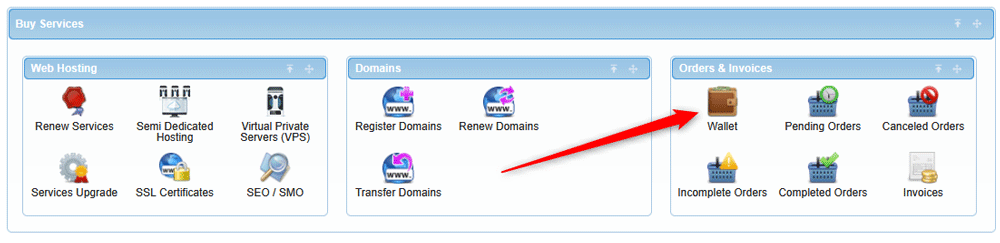 To see your wallet flow, click on Wallet within the AwardSpace hosting panel