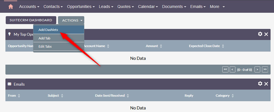 Add dashlets via the SuiteCRM dashboard 