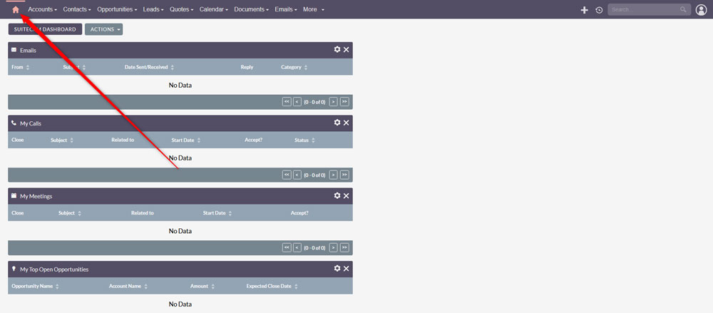 To add dashlets to SuiteCRM, go to the dashboard tab