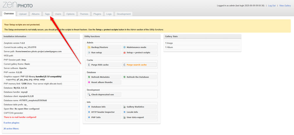Access the Tags Management section in Zenphoto