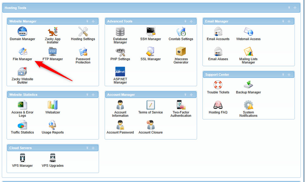 Access the FIle Manager via the AwardSpace hosting panel