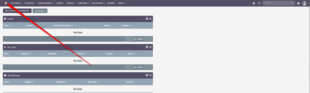Enter the SuiteCRM dashboard to start customizing it