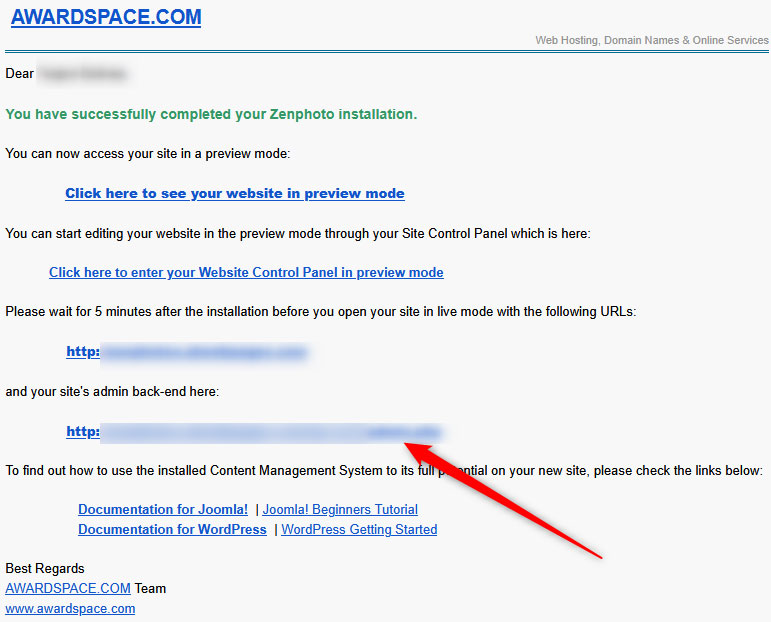 How to log in to Zenphoto CMS via the Awardspace confirmation links
