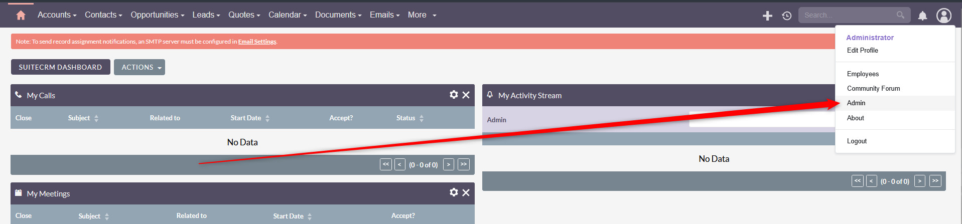 head to the admin page in SuiteCRM