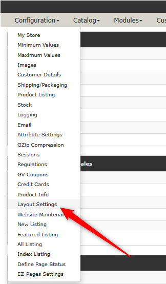 Open the layout settings in Zen Cart to manage the main menu