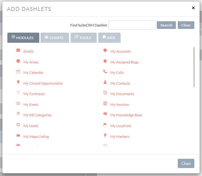 List of available dashlets in SuiteCRM