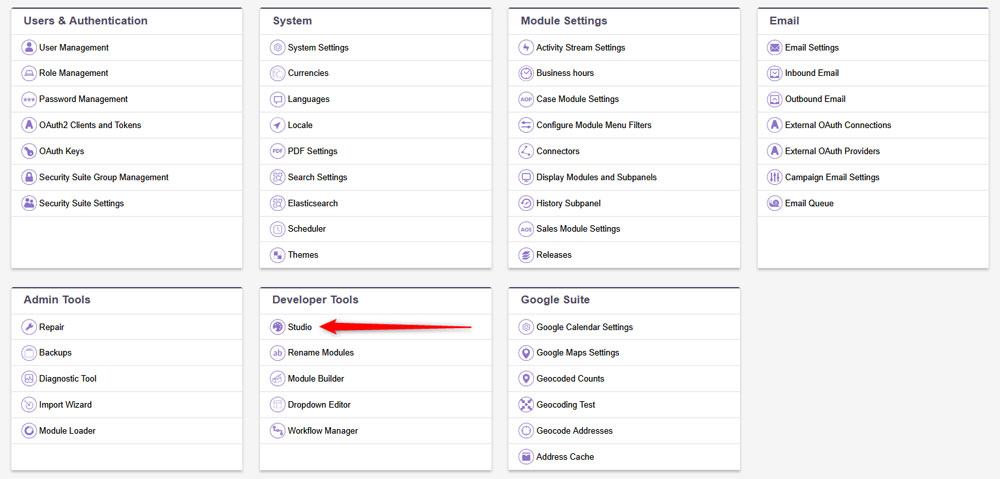 Click the Studio button to open the group field settings in SuiteCRM
