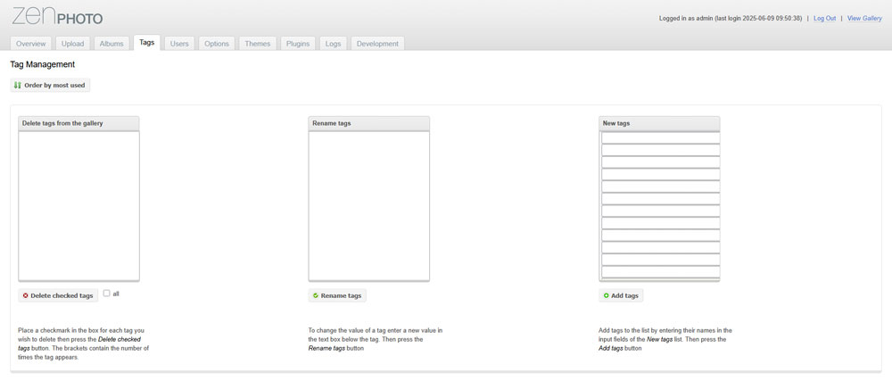 Zencart Tags Management Page overview