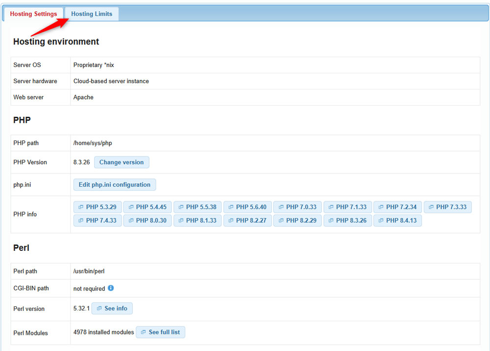 Open the Hosting Limits tab to see the data for your account