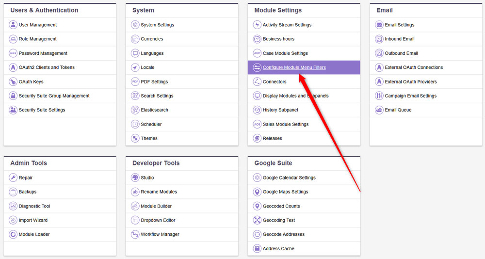 Click the Configure Module Menus in SuiteCRM Admin page