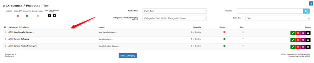 Locate the Zen Cart category you wish to delete