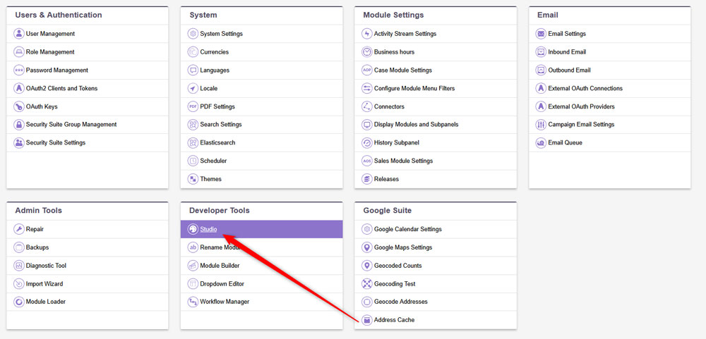 Access the SuiteCRM studio interface