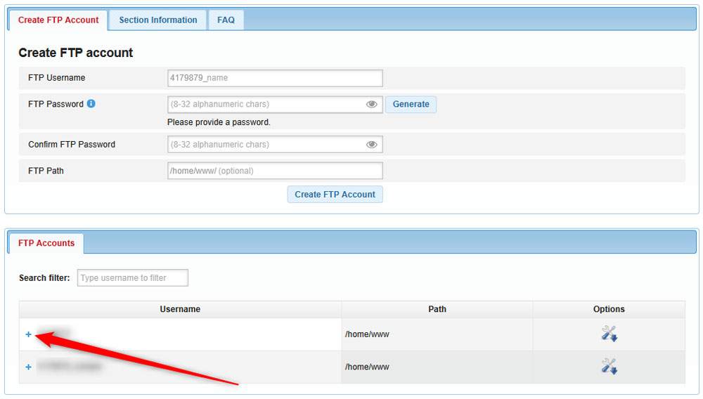 Select an FTP account to use