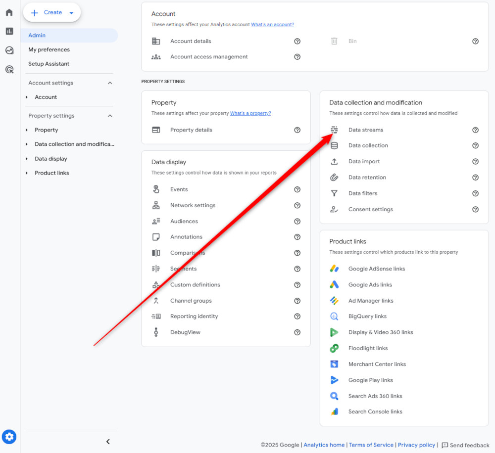 Head to Data Streams to find your GA4 code