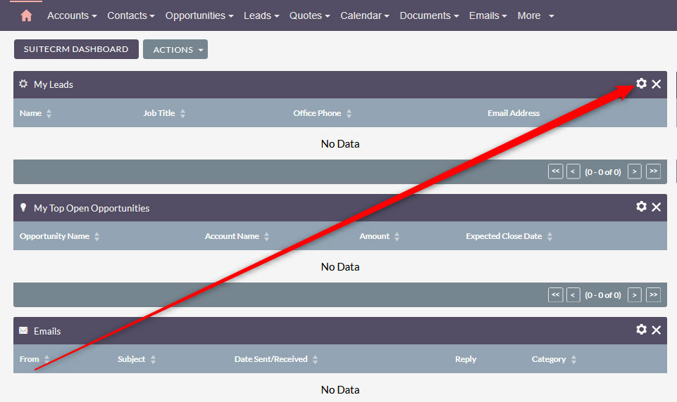 Click the options icon for each dashlet on your screen
