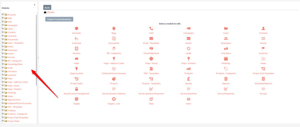 Modules in the Studio page in SuiteCRM