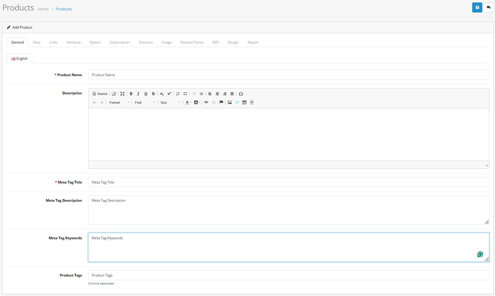 How to add a new product to OpenCart New Page Details
