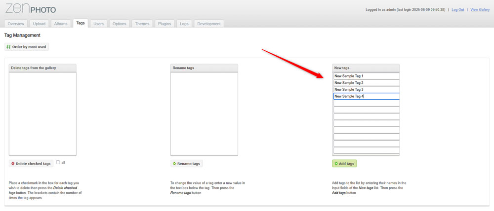 Add new tags to Zenphoto