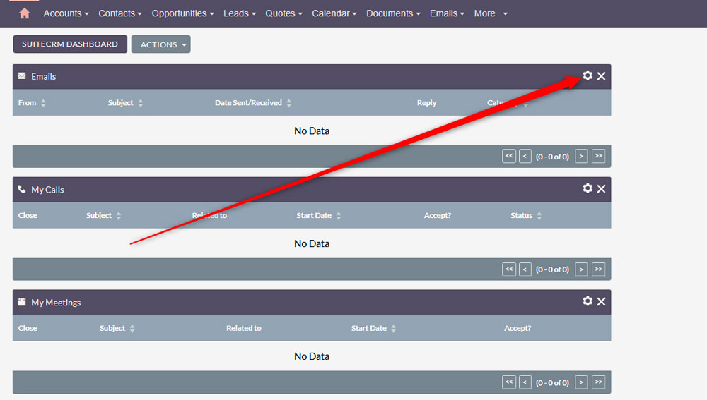 Add dashlets to SuiteCRM by clicking the options menu 
