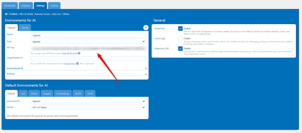 Paste the API Key in the field within the plugin's dashboard