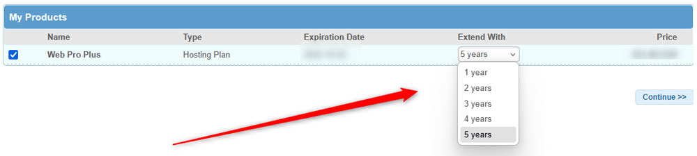 Select a time period to which you would want to extend your service