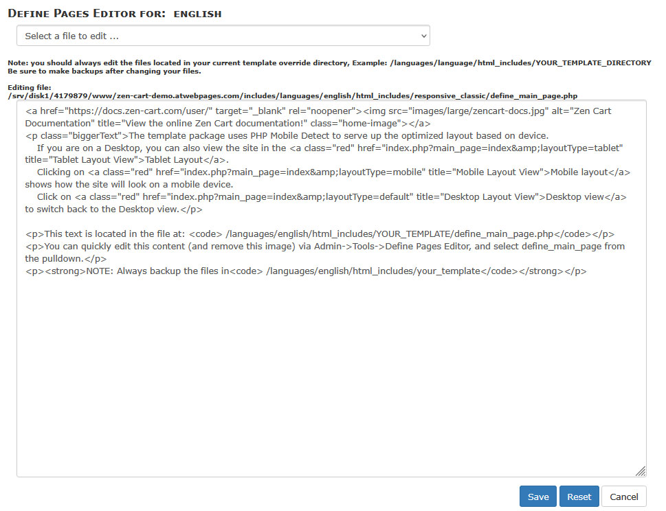 Modify homepage via the page editor in Zen Cart