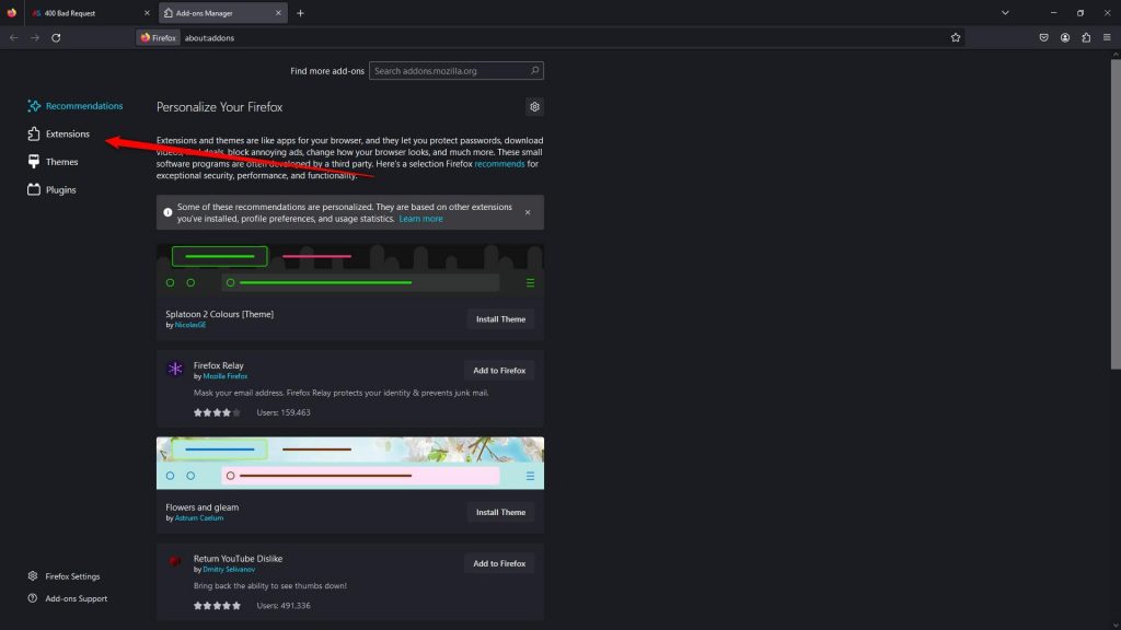 400 Error Code Request Mozilla Firefox Extensions Button