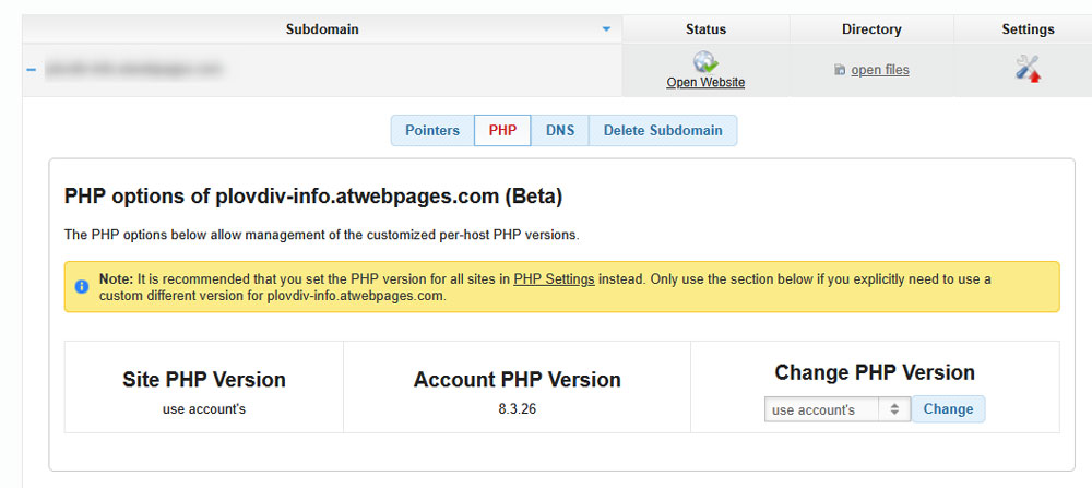 Domain PHP settings box