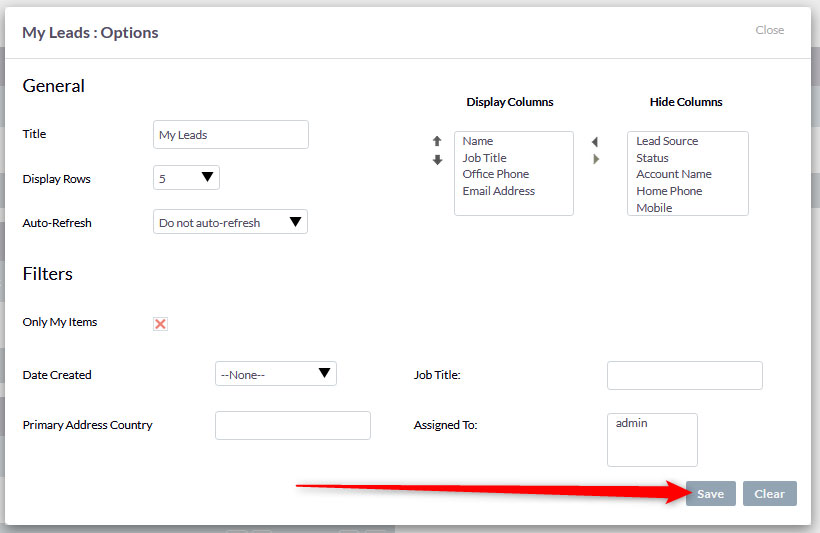 Dashlet settings box