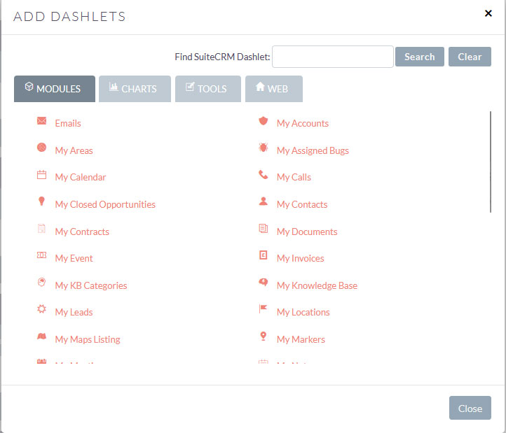 SuiteCRM Dashlets library box
