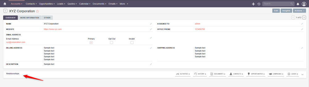 Relationships panel in SuiteCRM