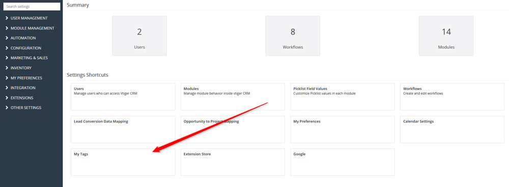 Click the My Tags button to open the tags managemet options