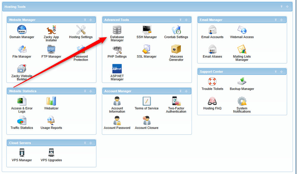 Access the Database Manager via the AwardSpace hosting panel
