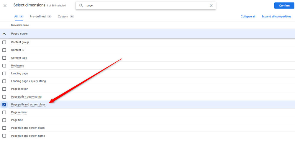 Find Page path and screen class dimension