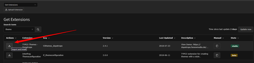 Click the Import and Install Theme to add it to your TYPO3 library.