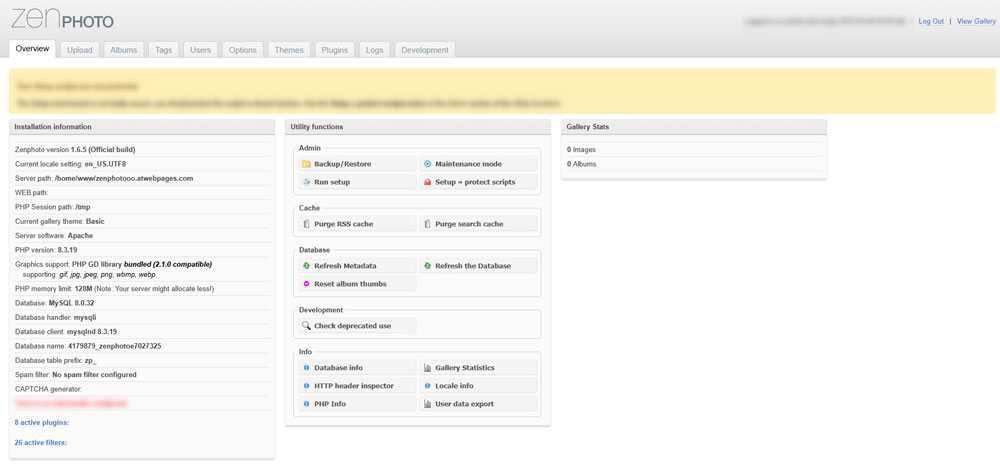 Zenphoto admin panel page