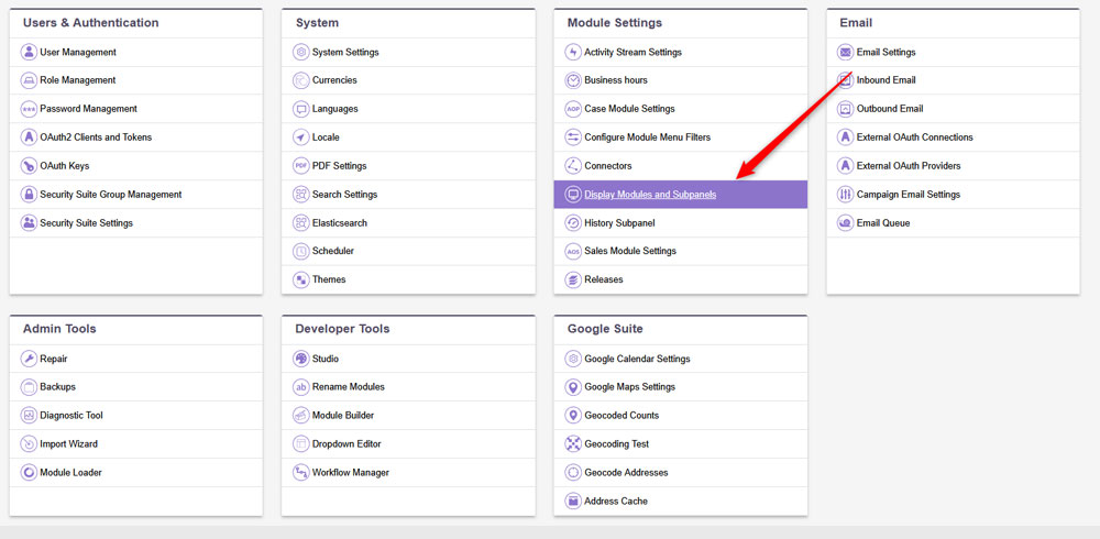 SuiteCRM display Modules and Subpanels menu
