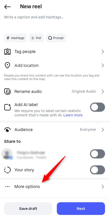 Select More Options when creating a publication in Instagram