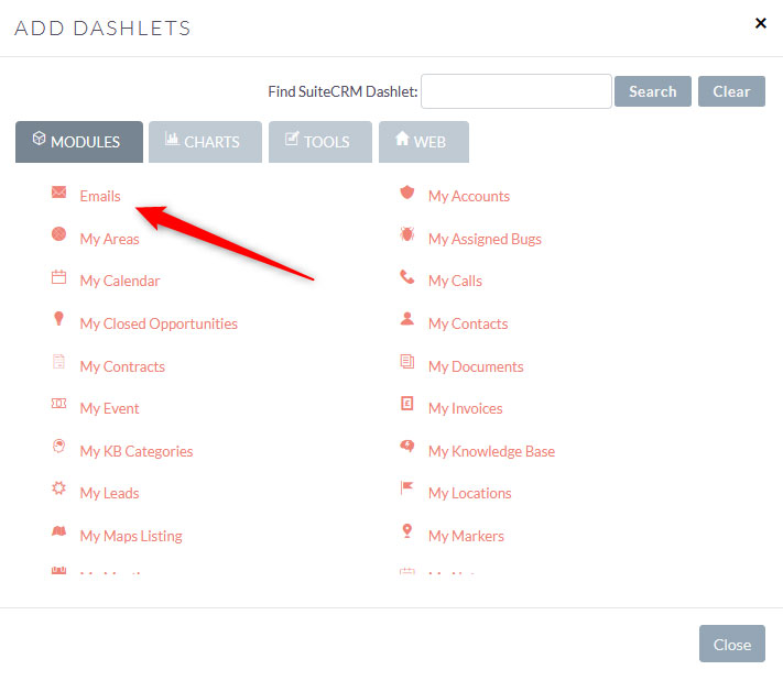 Click on a given dashlet, so SuiteCRM adds it to your admin tab