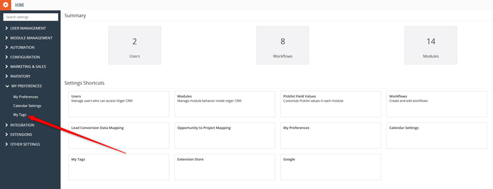 You can also access the tags management page via the sidebar menu