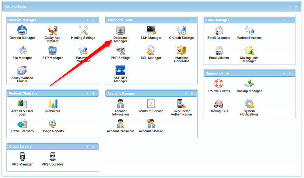 Locate the Database Manager in the AwardSpace hosting panel