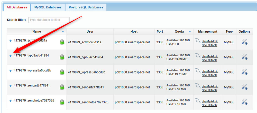 List of database files