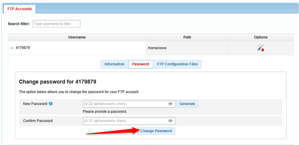 Apply changes by clicking the blue Change Password button