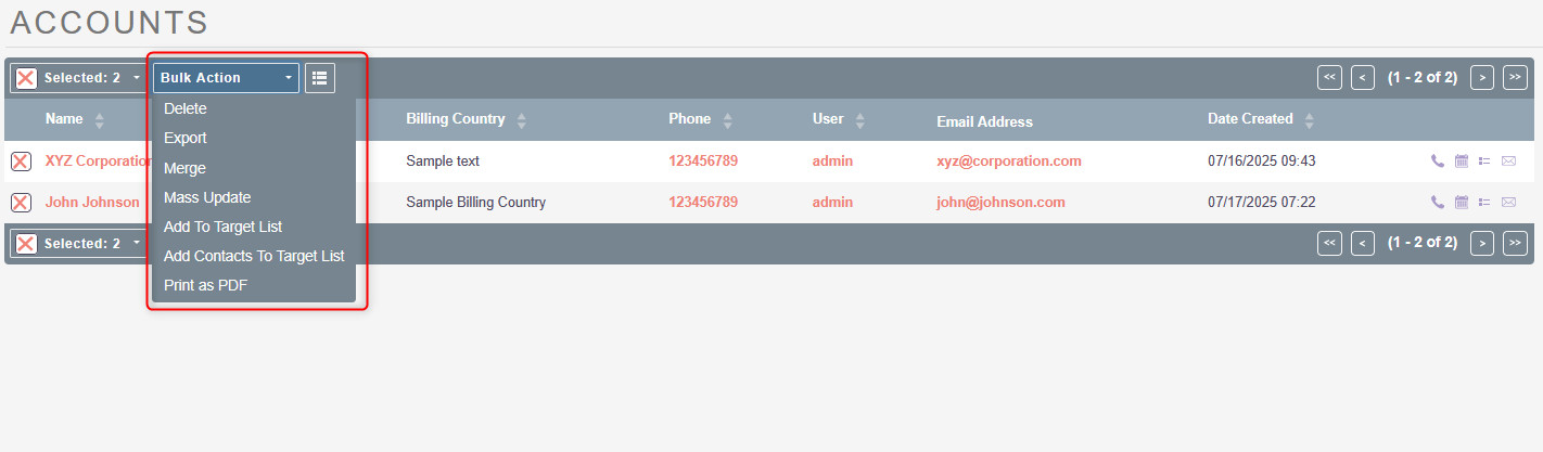 Select a bulk action from the drop-down menu