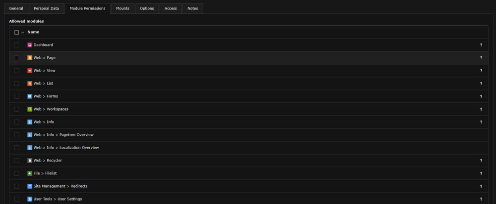 Add permissions for each module and user